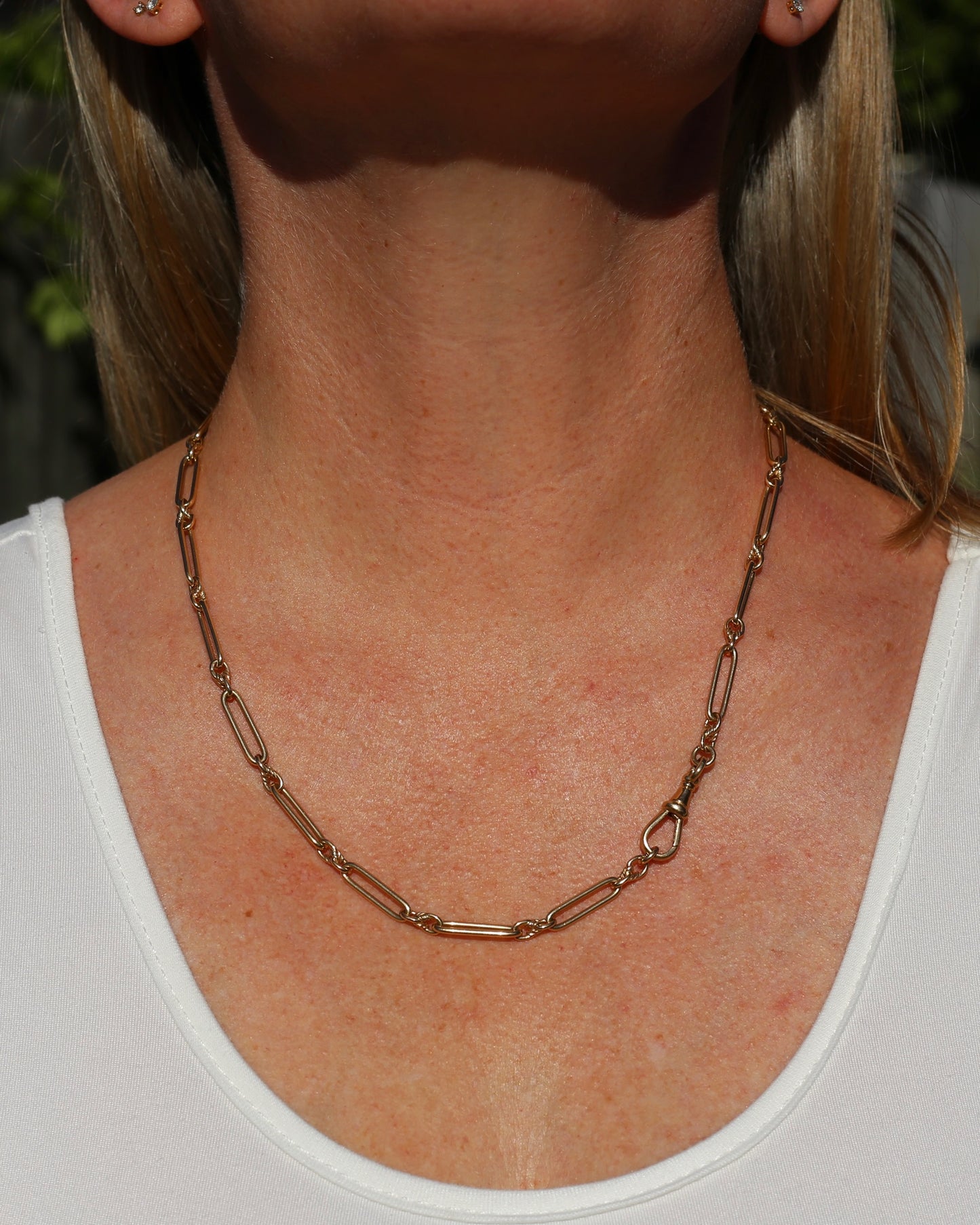 Vintique Trombone and Love Link Chain Single Albert Clasp, 9ct Gold, 51cm or 20 inches, 22.5g