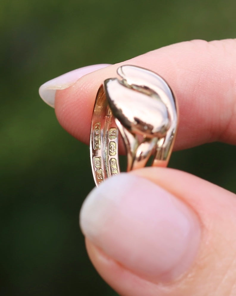 Antique 1907 Birmingham Made Double Snake Ring, 9ct Old Rosey Gold, size I1/2 or 4.5, 3.22g