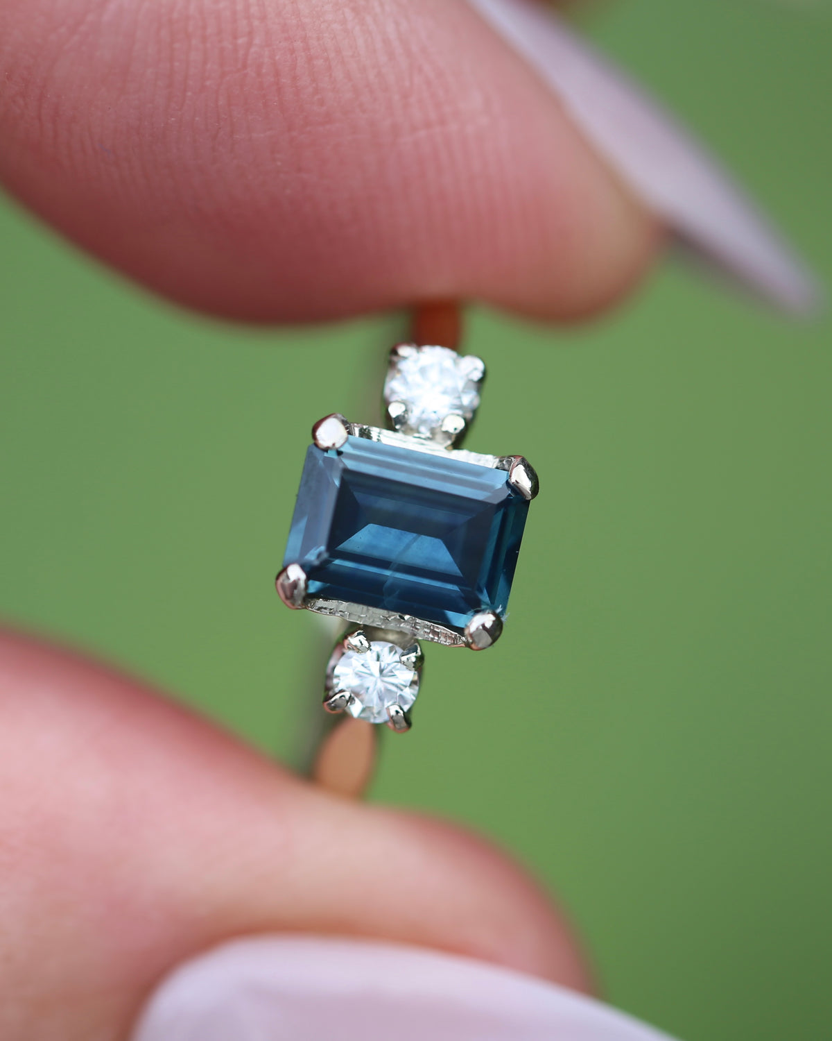 1.1ct Emerald Cut Natural Blue Teal Sapphire and Diamond Trilogy, 18ct White Gold and Platinum, size O or just over 7, 2.27g