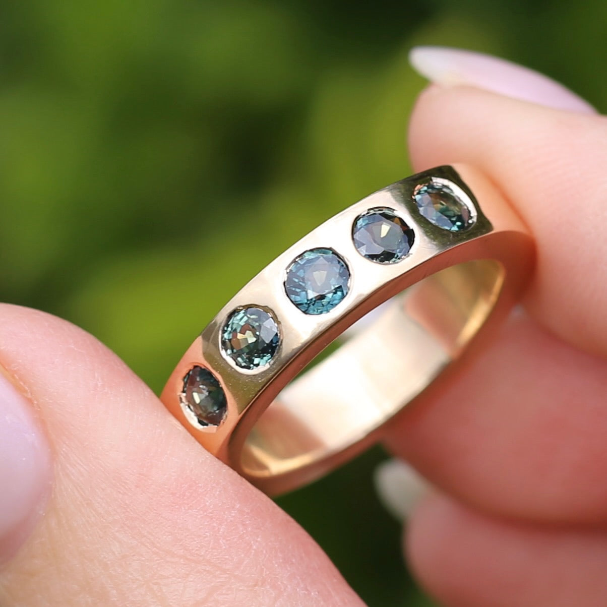 Custom Reclaimed Gold Chunky 9ct Rings with 4mm Parti Sapphires