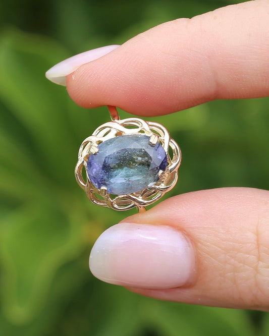Second Glance - Natural Included 6ct Purple Green Tanzanite, Claw Set in Birmingham post 1975 made Ring, 9ct Yellow Gold, size P or 7.75, 3.25g