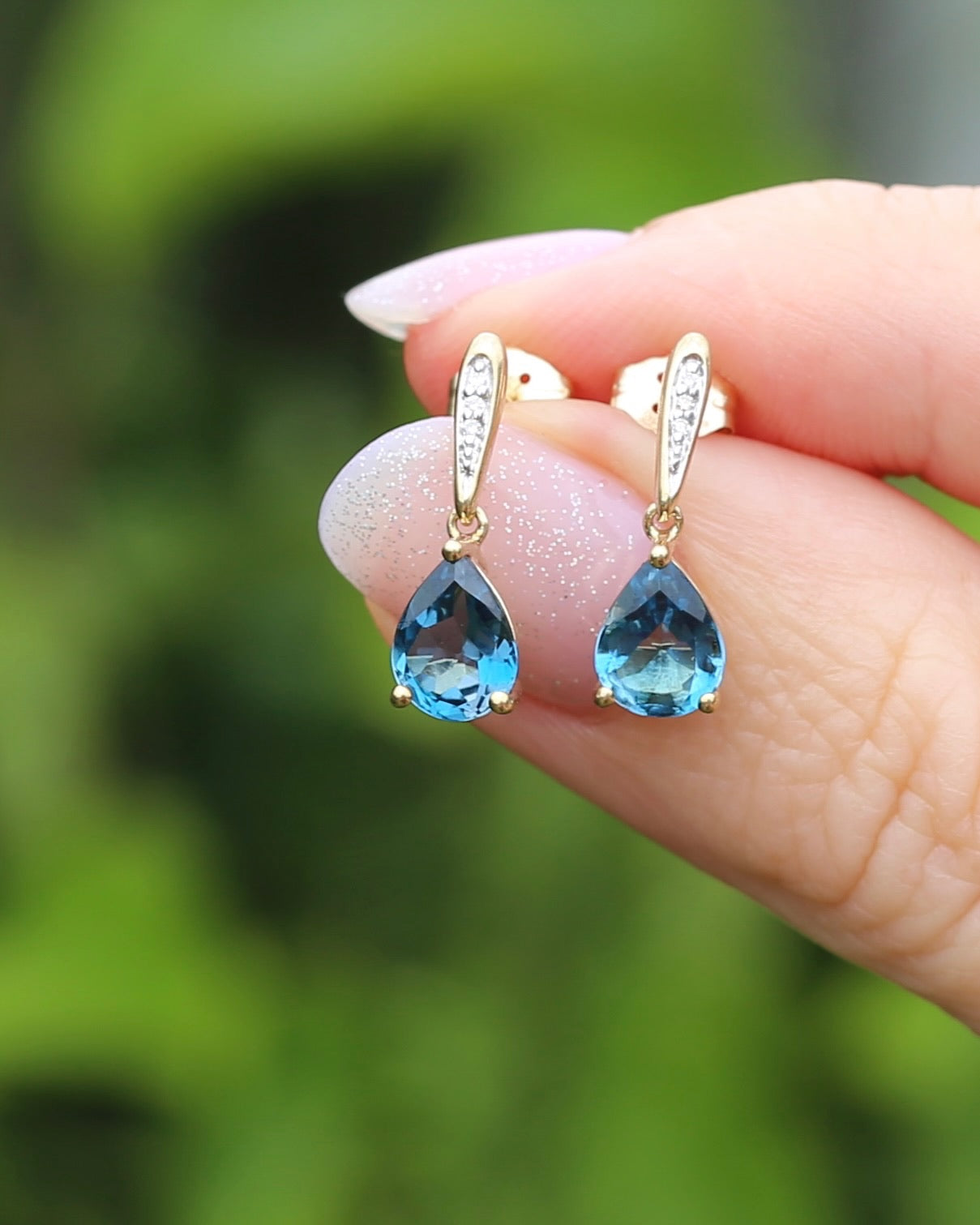 Pear Cut London Blue Topaz Earrings on Illusion Diamond Set Stud Posts, 9ct Yellow Gold, 14ct YG butterflies, 1.87g