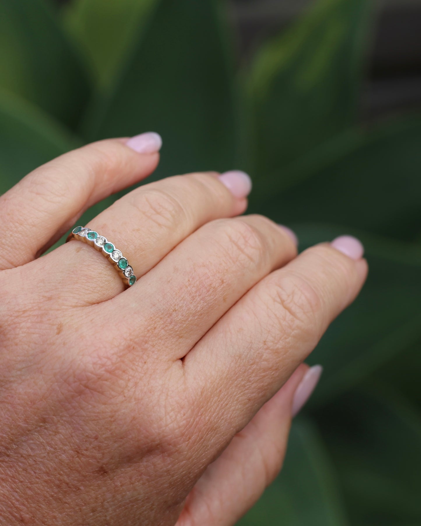 Natural Emerald and Diamond Half Hoop, 9ct Yellow and White Gold, size O or 7.25, 1.76g