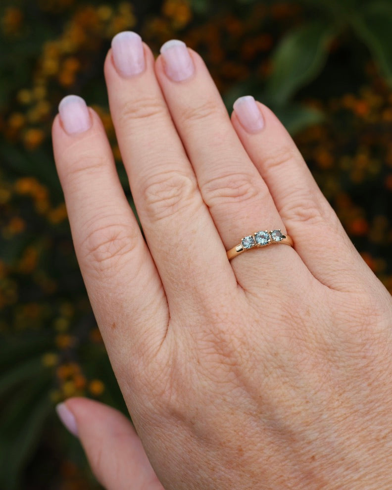Natural Turquoise-Meets-Sage-Green Parti Trilogy, Claw Set 9ct Yellow Gold, size O1/2 or just over 7.25, 2.16g