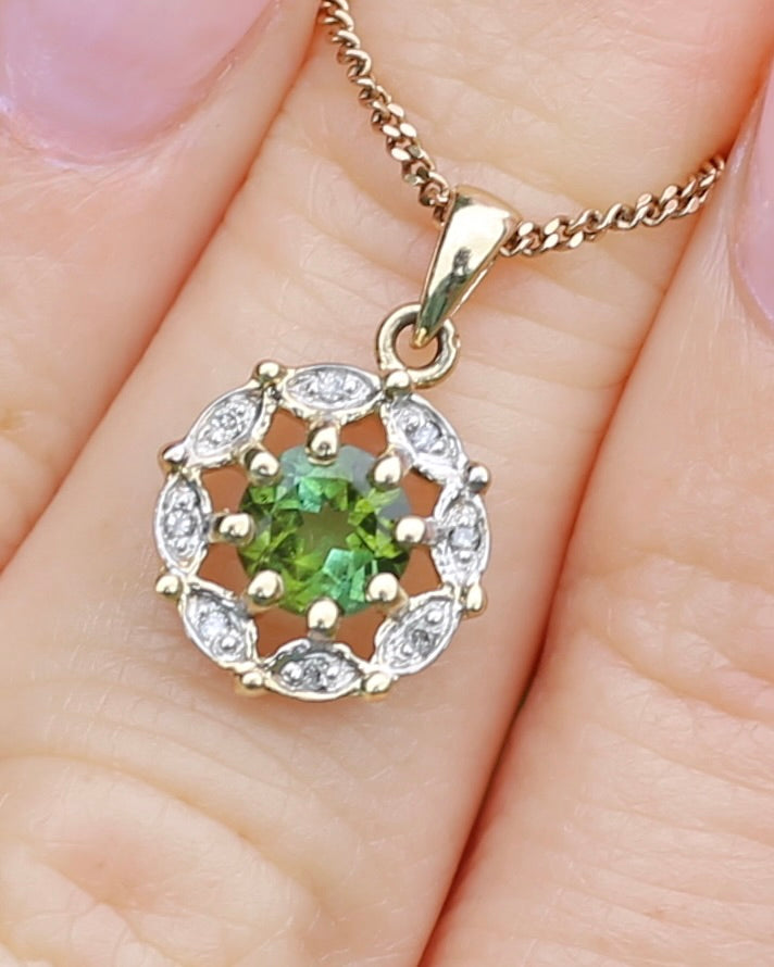 Vintage 0.7ct Green Tourmaline and Diamond Pendant, 9ct Yellow Gold, 1.15g