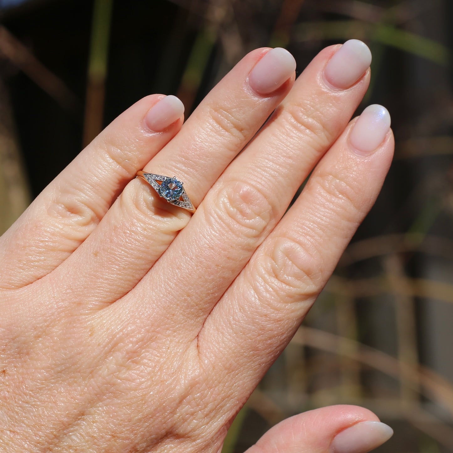 Pristine Early Australian 1930s Dunklings Blue Zircon & Diamond RIng, size L or just over 5.5