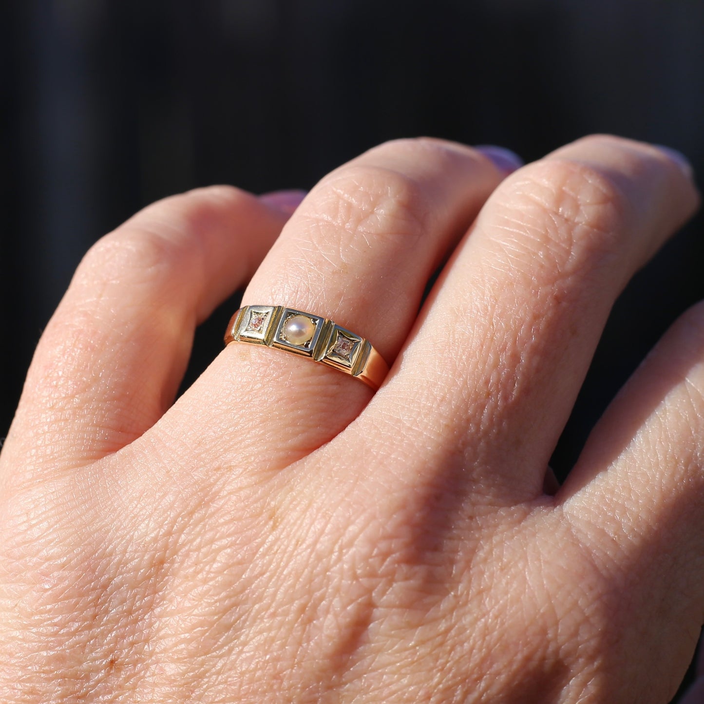 Antique Pearl and Old Cut Diamond Set Trilogy Ring, 18ct Yellow Gold, size N1/2 or 7