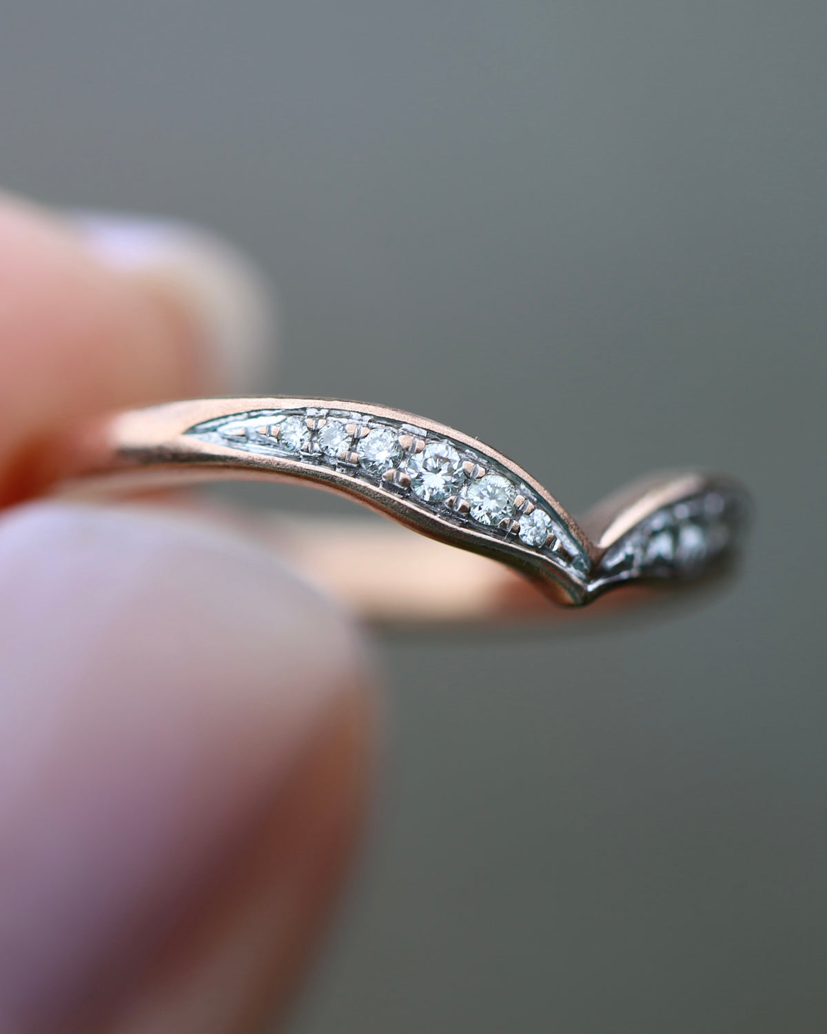 Bead Set Natural Diamond Wishbone Ring, 9ct Rose Gold, size J or 4.75, 1.7g