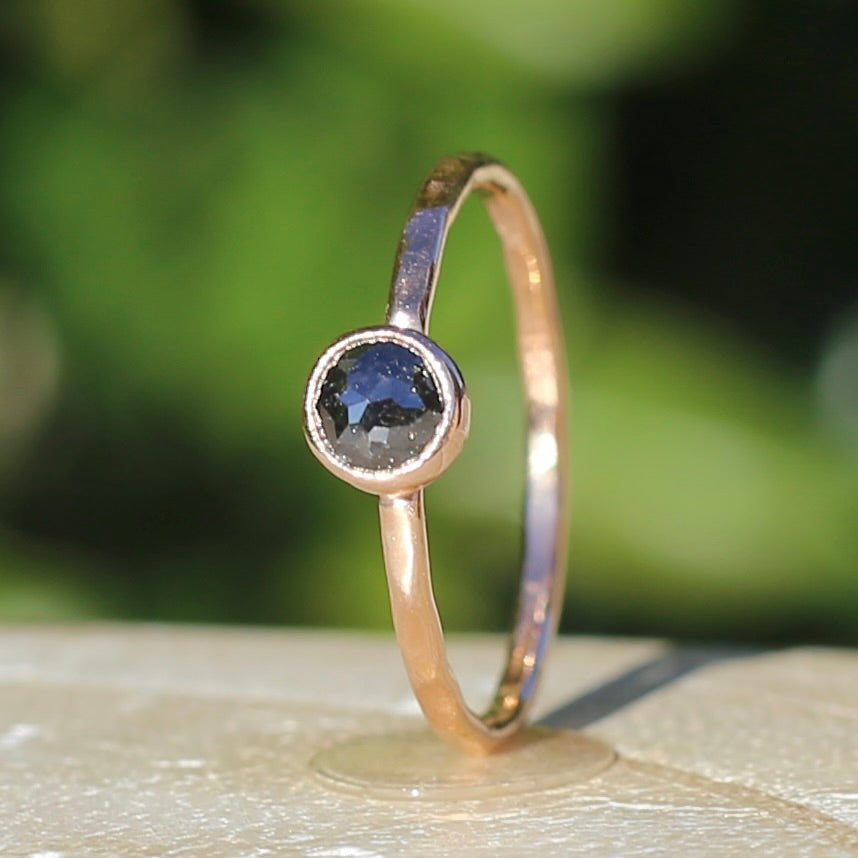 Rose Cut Black Diamond/ Moissanite Ring, 14ct Rose Gold, size 6 or L1/2