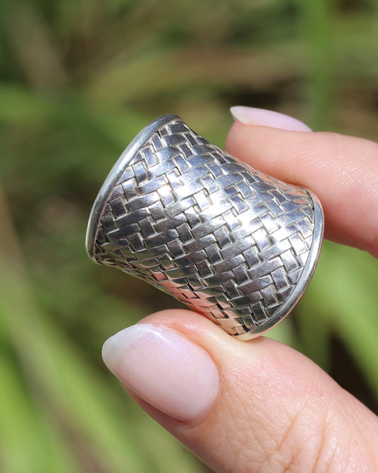 Woven Silver Cuff Ring, Sterling Silver, currently fits like a size P1/2 or Q - but easily sizeable, 8.2g