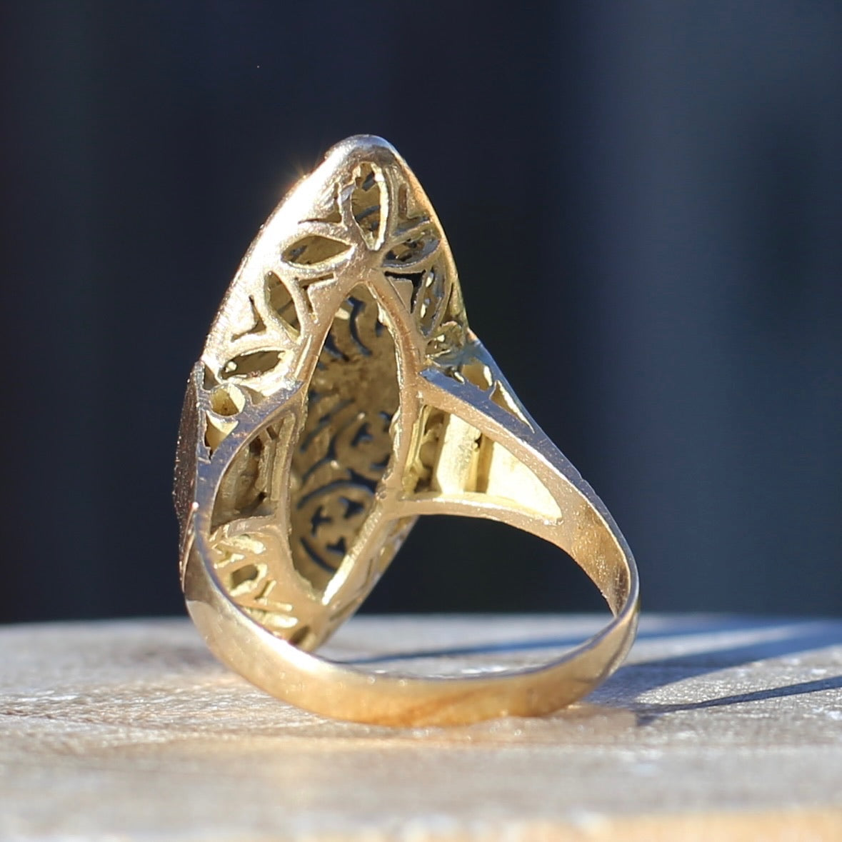 Hand Carved Navette Ring, 14ct Yellow Gold, size Q or 8.25g