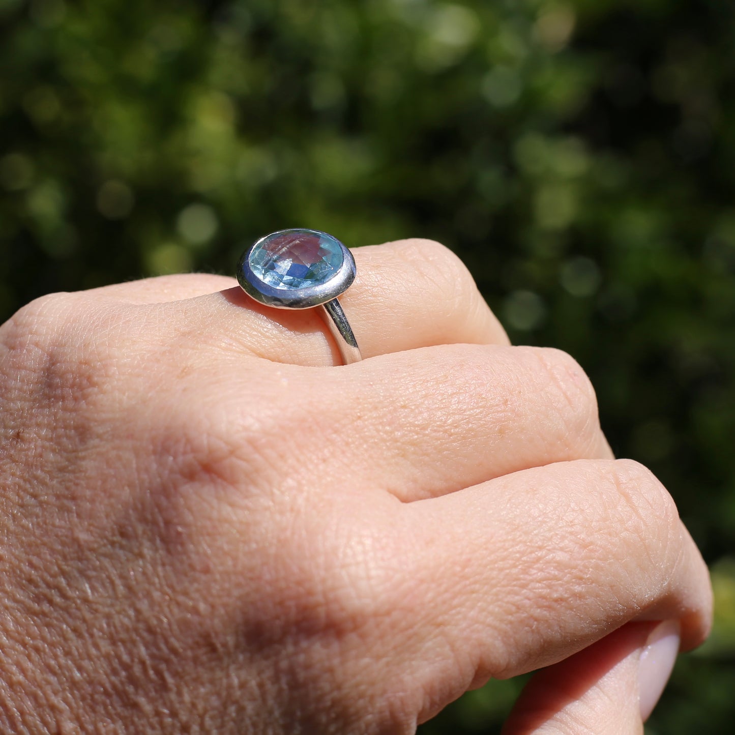 Bezel Set Harlequin Cut Blue Topaz Ring, Sterling Silver, size O or 7.25 (fits bigger)