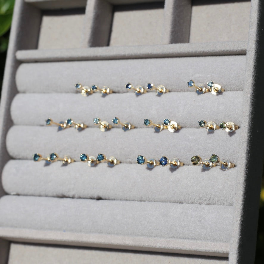 3.5mm Parti Stud Earrings, Parti Blue Two, 4 claw 9ct Yellow Gold