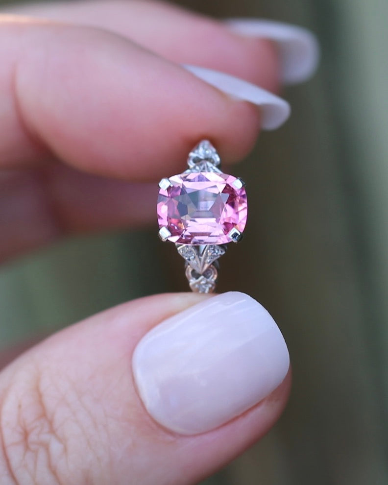 Pale Pink Tourmaline and Old Cut Diamond Shoulder Ring, 18ct White Gold and Platinum, size N or 6.75, 2.63g