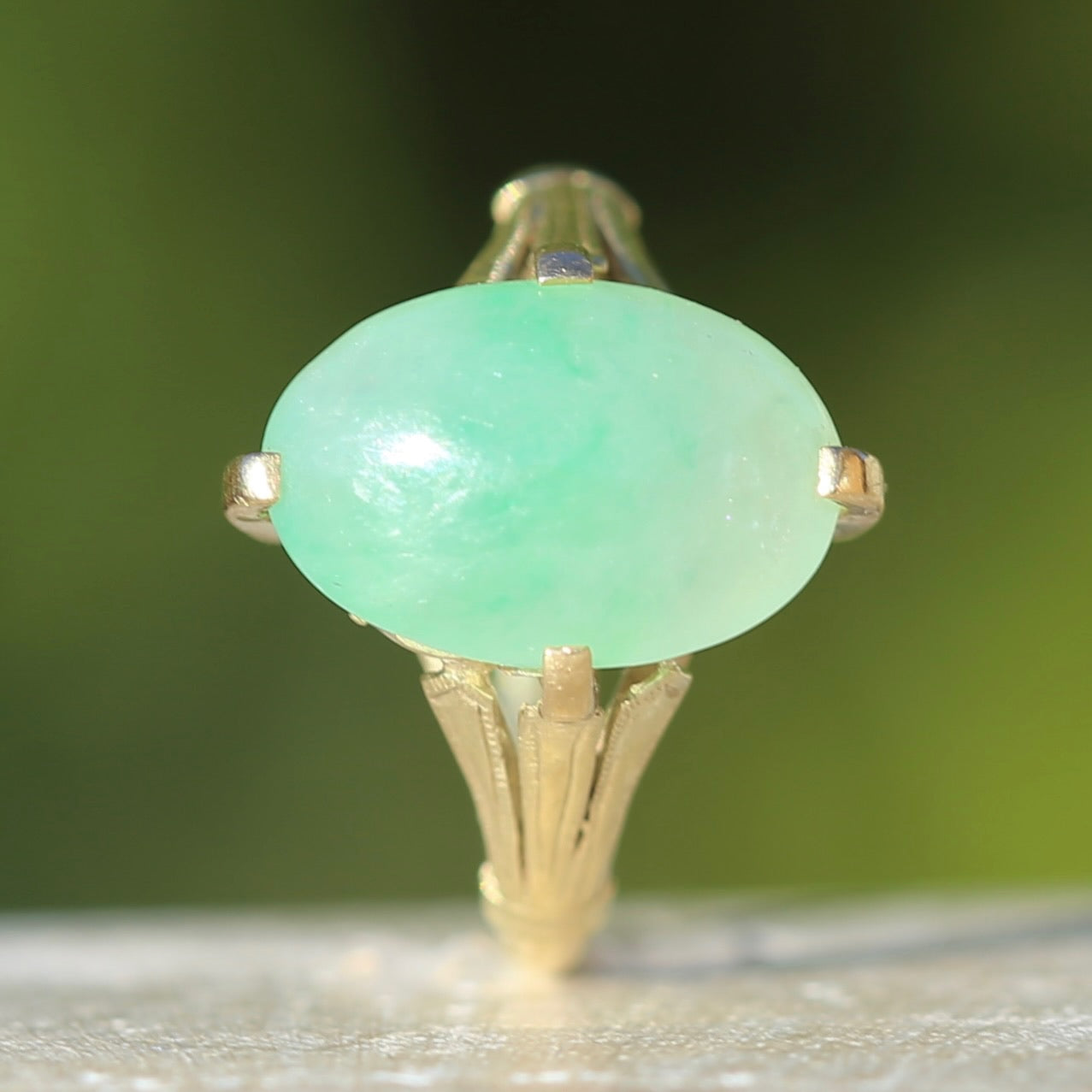 Apple Green Oval Jade Cabochon, 14ct Yellow Gold Claws with Fab Shoulders, size 5.5 or K1/2