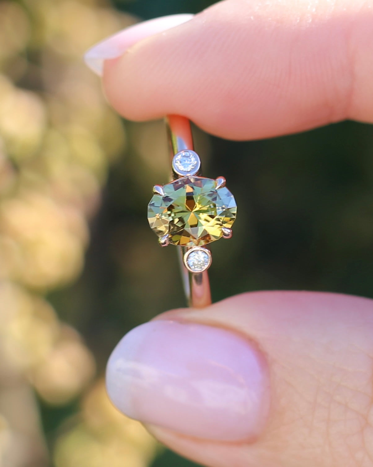 1.57ct Natural Golden Tanzanite Zoisite and Diamond Trilogy Ring, 14ct Rose Gold, size 8.75 or just over R, 3.3g, with valuation
