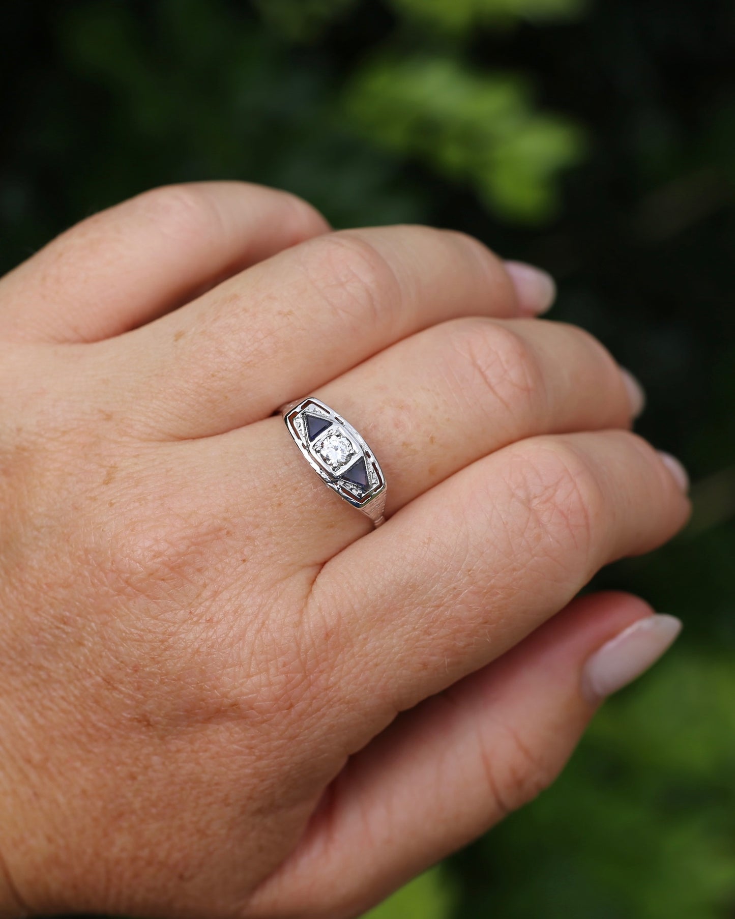 Art Deco Diamond and Sapphire Trilogy in Raised Handmade Engraved Floral Setting, 14ct White Gold, size U or 10 - offering free resize down to 7 or O, with valuation