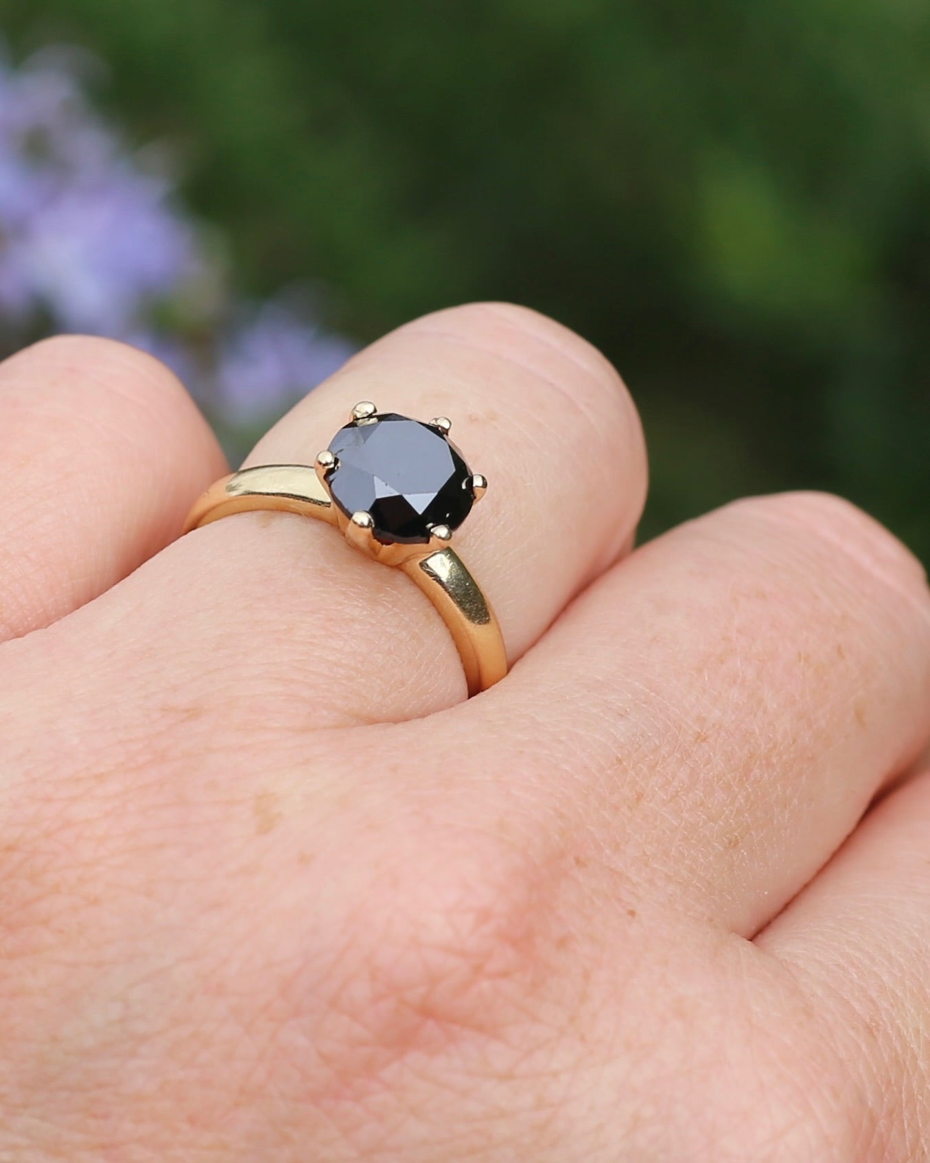 Black Moissanite Solitaire, 6 claw set 14ct Yellow Gold, size N1/2 or nearly 7, 3.63g