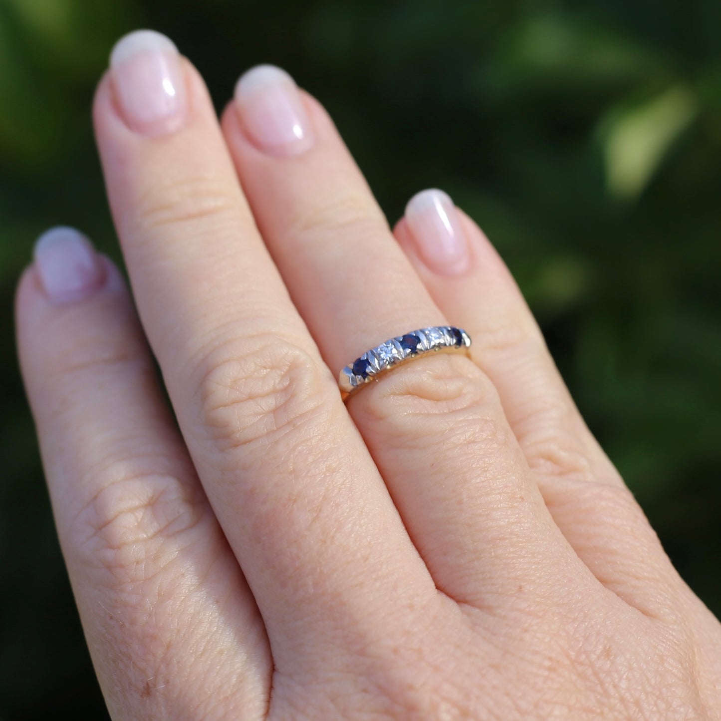 5 Stone Sapphire and Diamond Half Hoop, 18ct White and Yellow Gold, size M or 6.25