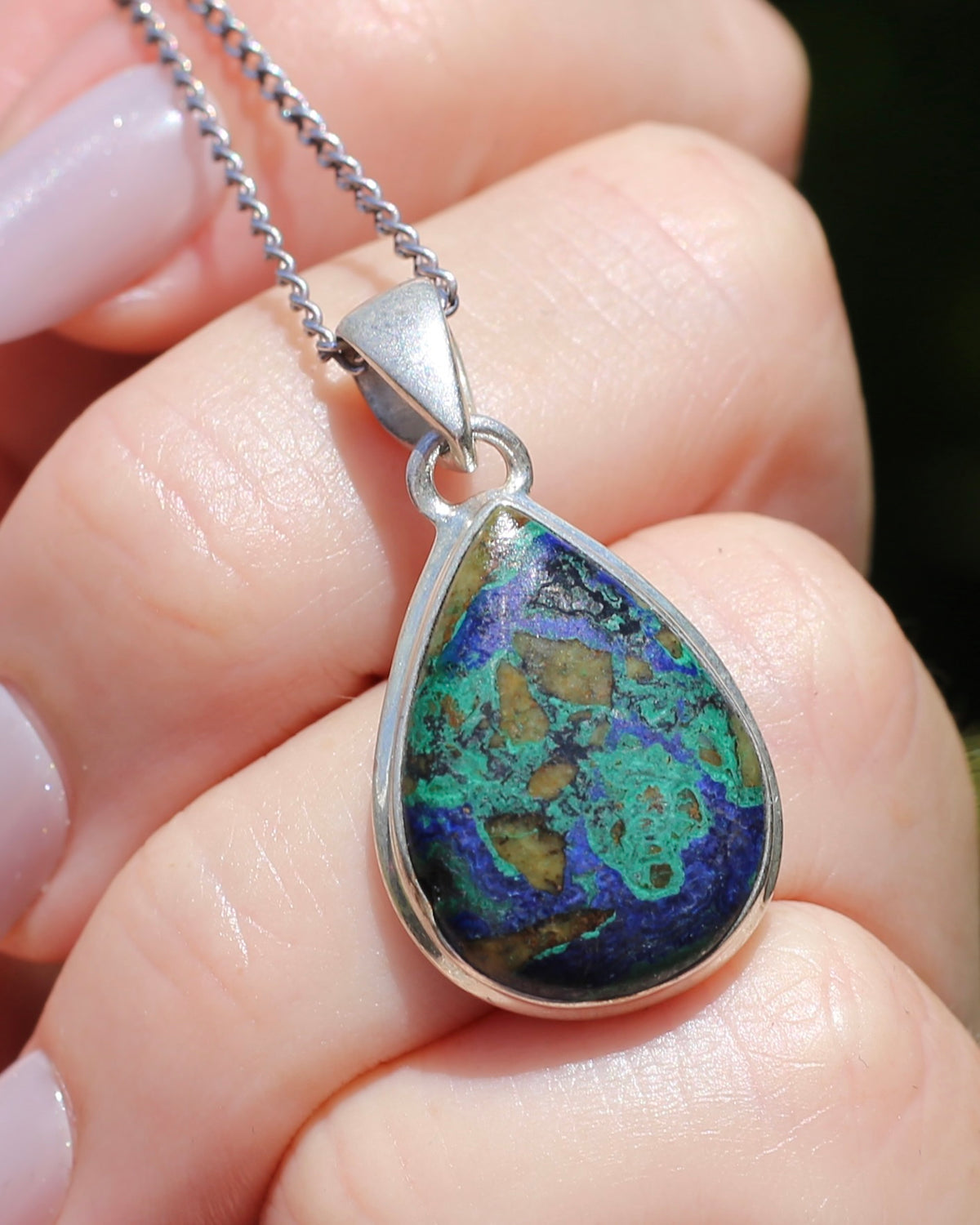 Natural Azurite/ Malachite/ Chrysocolla Cabochon Pendant, Bezel Set, Sterling Silver, 5.44g