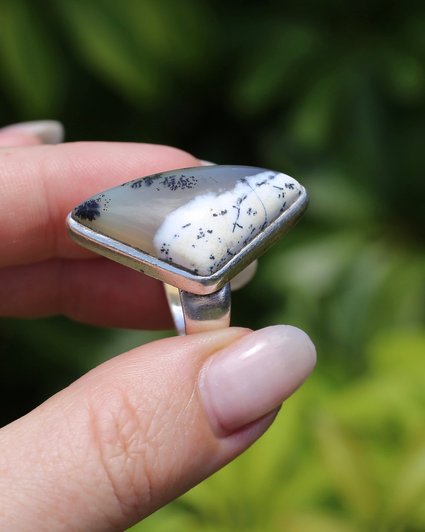 Freeform Dendritic Agate Bezel Set Ring, size T1/2 or 9.75, 14.7g