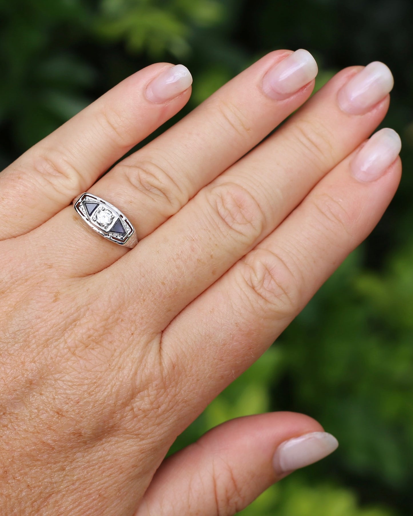 Art Deco Diamond and Sapphire Trilogy in Raised Handmade Engraved Floral Setting, 14ct White Gold, size U or 10 - offering free resize down to 7 or O, with valuation