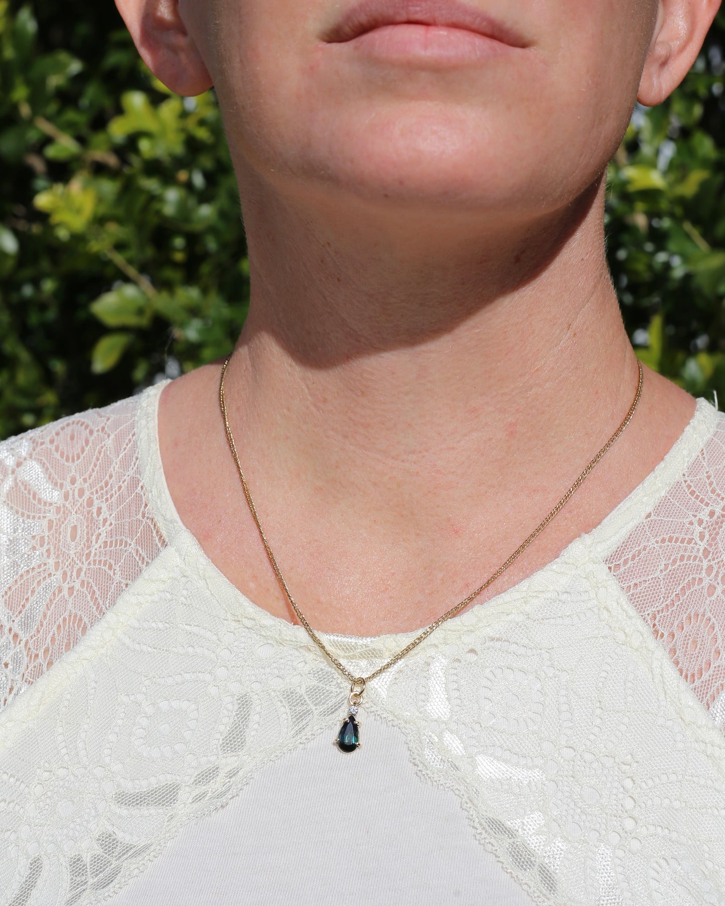Pear Shaped Natural Teal Pear Sapphire and Diamond Pendant, 9ct Yellow Gold, 1.08g