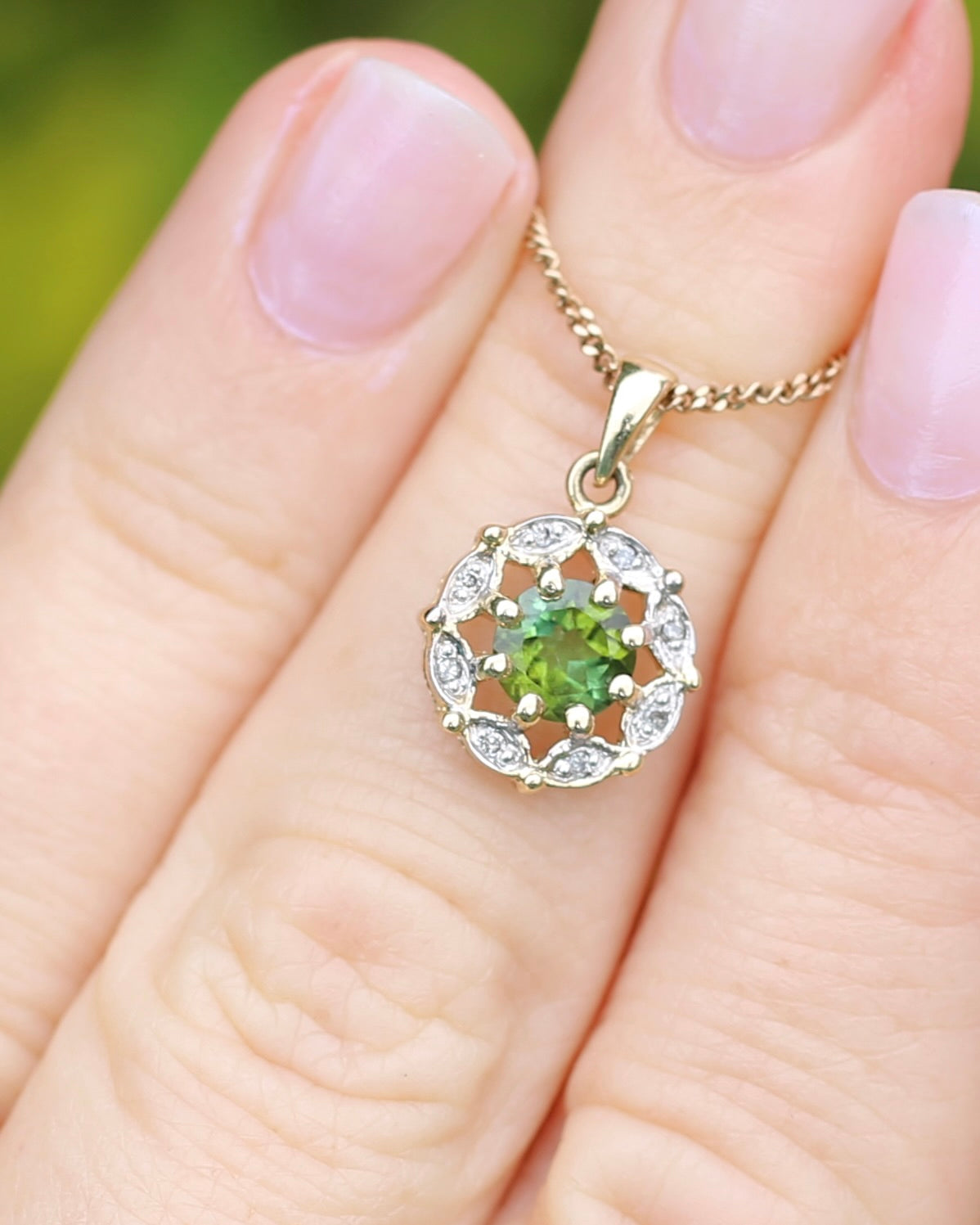 Vintage 0.7ct Green Tourmaline and Diamond Pendant, 9ct Yellow Gold, 1.15g