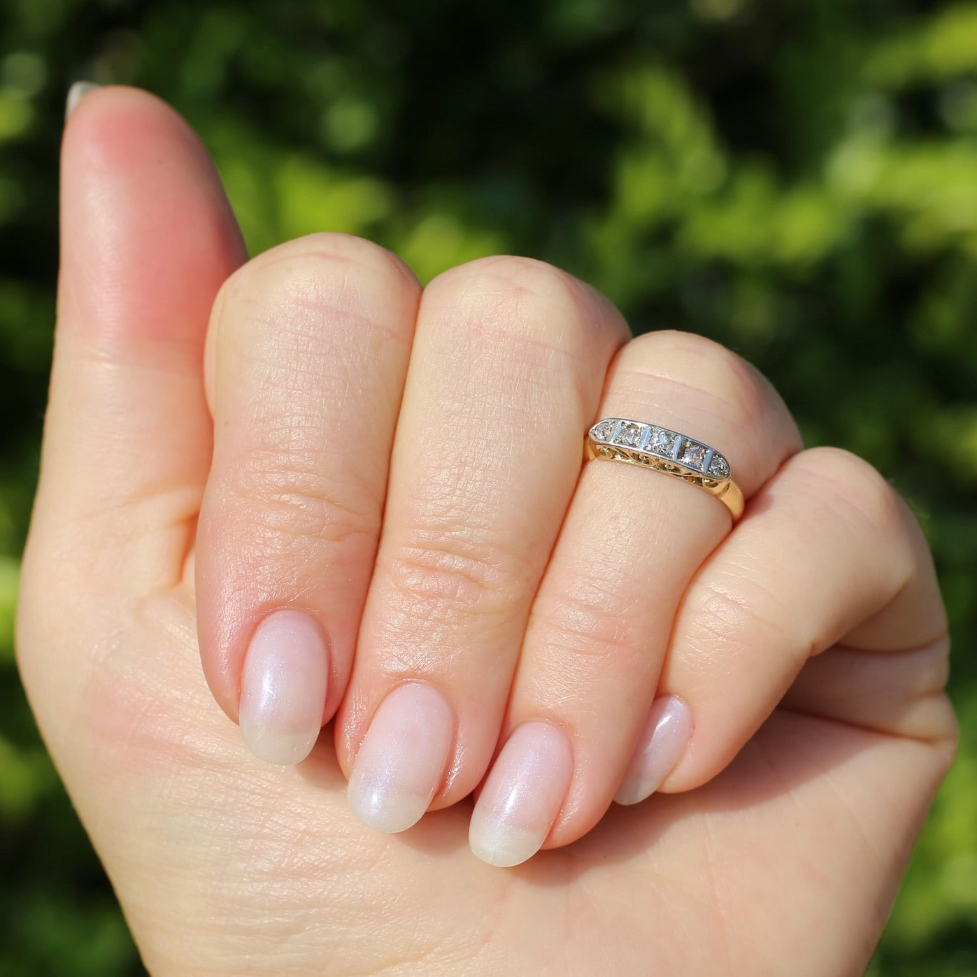 1930s Old Cut 5 Stone Diamond Ring, Platinum and 18ct Yellow Gold, size L or 5.75