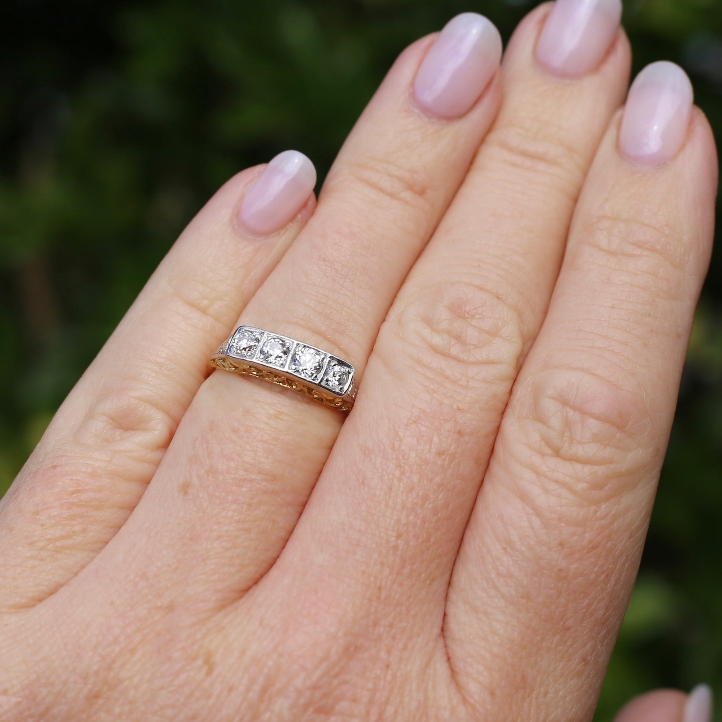 1930s 4 Stone Transitional Cut Diamond Mixed Metal Ring, 18ct Yellow Gold & Platinum, size M or just bigger than 6