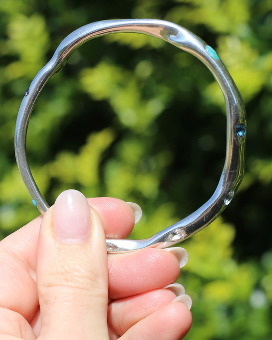 Irregular Handmade Chunky Sterling Silver Bangle with Sapphires and Topaz, 42.6g