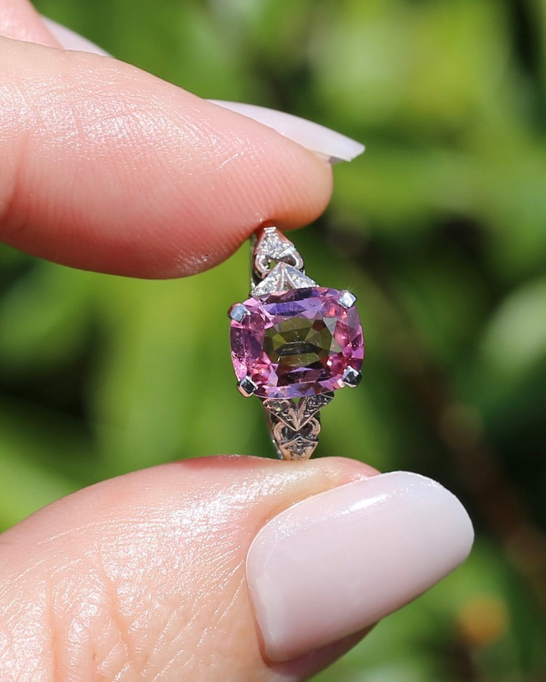 Pale Pink Tourmaline and Old Cut Diamond Shoulder Ring, 18ct White Gold and Platinum, size N or 6.75, 2.63g