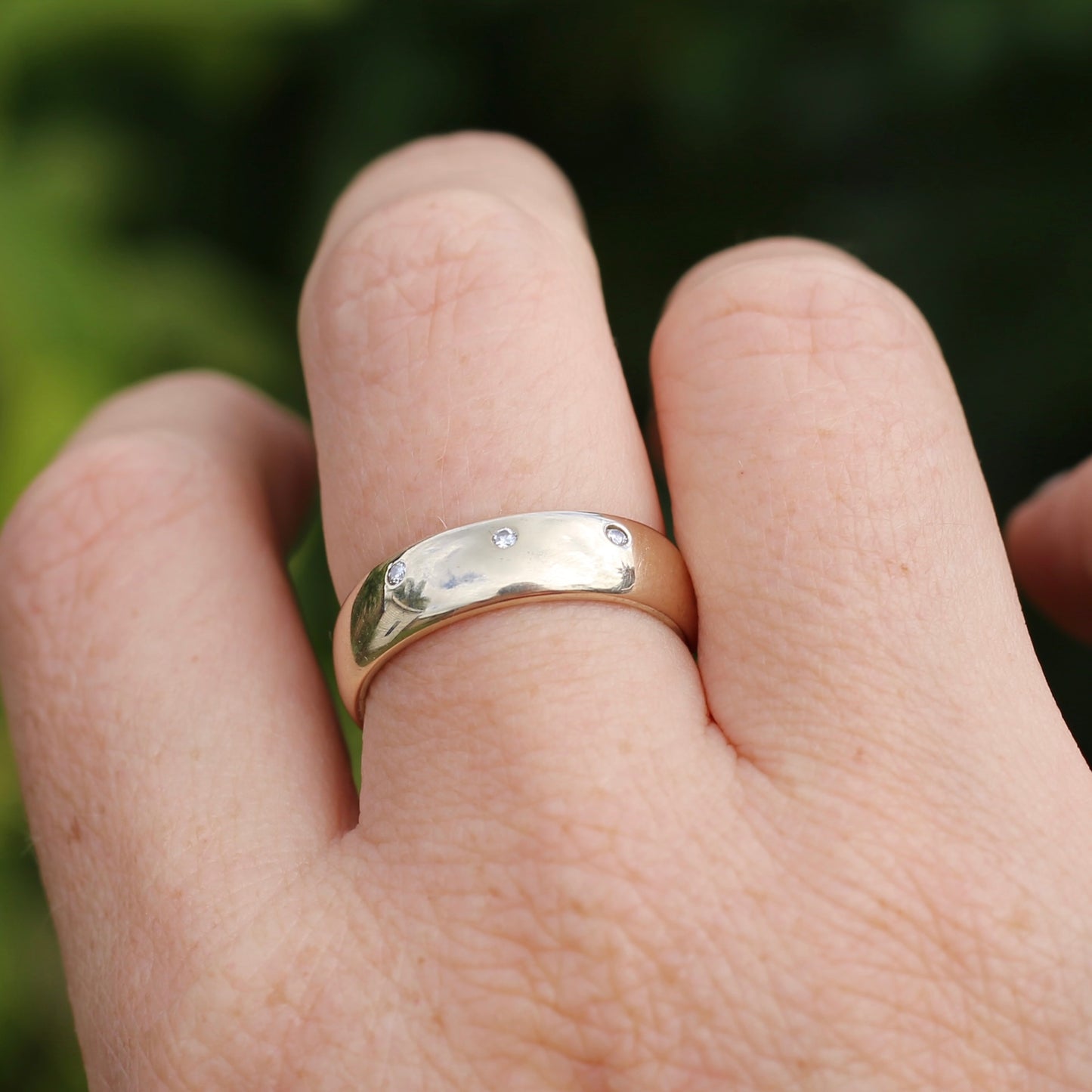 Chunky Half Round 9ct Gold Ring with 3 Punch Set Diamonds, 9ct Yellow Gold, size 8.5 or just under R