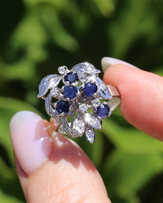 Vintage Blue Sapphire and White Quartz Leaf Ring, Sterling Silver, size Q or 8.25, 5.55g