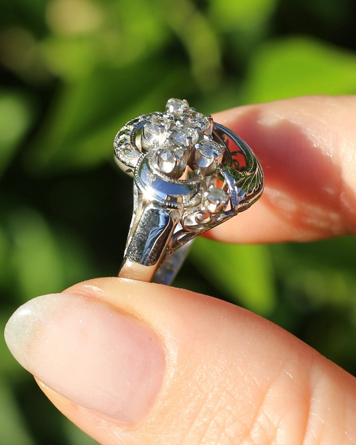 Old Cut and Early Brilliant Cluster Clover Ring, 9ct White Gold, size O or 7