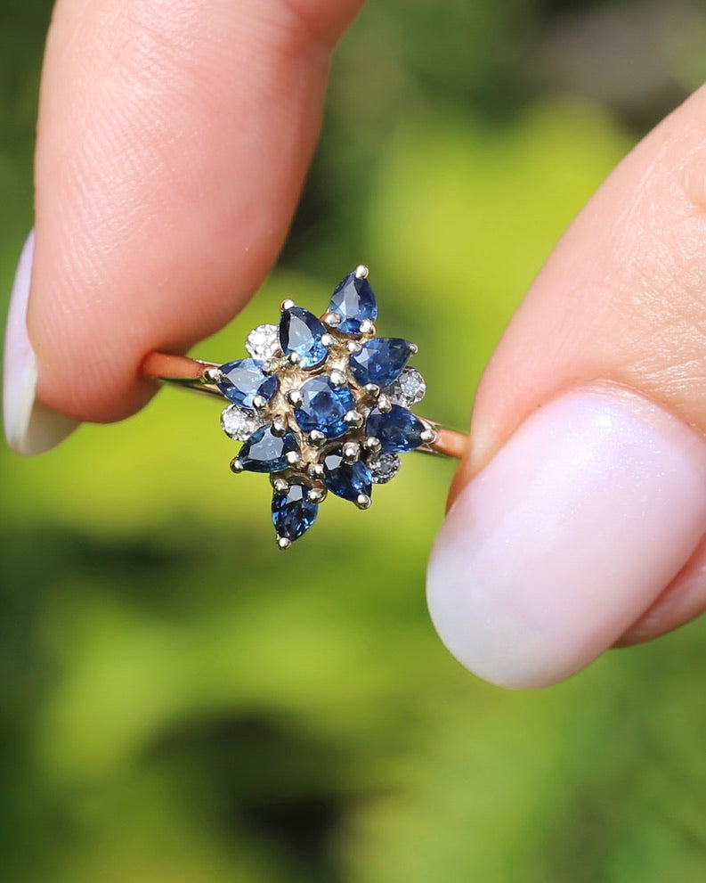 Vintage Blue Sapphire and Diamond Cluster Ring, 9ct Yellow Gold, size N or 6.75, 2.34g