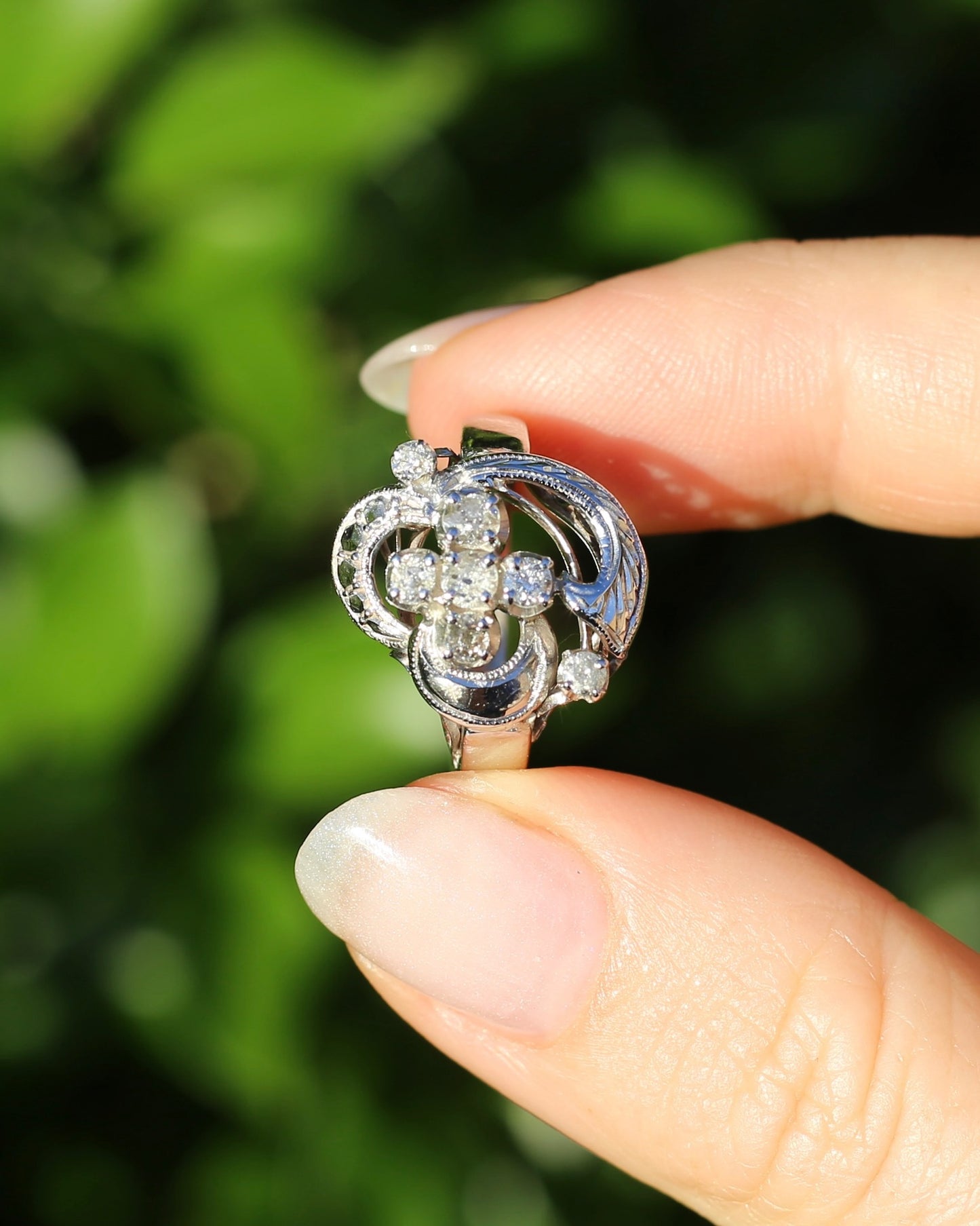 Old Cut and Early Brilliant Cluster Clover Ring, 9ct White Gold, size O or 7