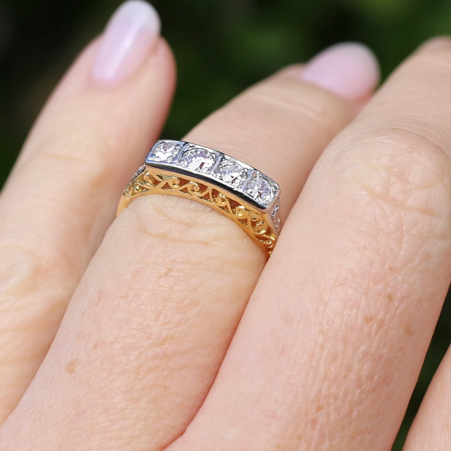 1930s 4 Stone Transitional Cut Diamond Mixed Metal Ring, 18ct Yellow Gold & Platinum, size M or just bigger than 6