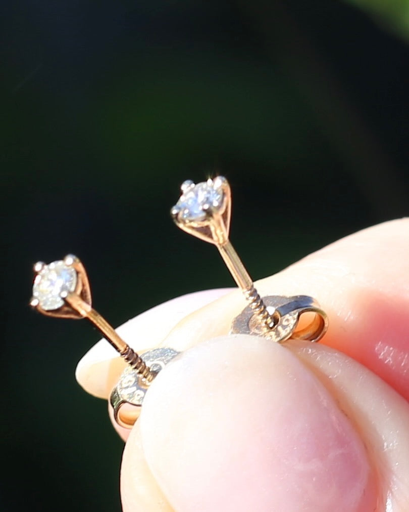 0.24ct TDW Diamond Studs, 9ct Yellow Gold Screw Post Studs, 4 Claw Gold, 9ct Yellow Gold