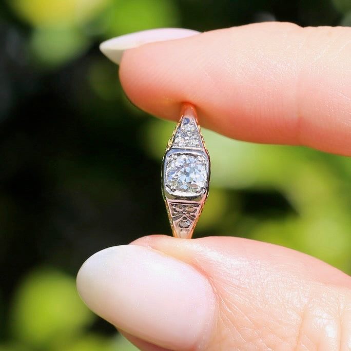 Antique Circa 1915 Old European Cut Solitaire, 18ct White and Yellow Gold, size M1/2 or 6.5