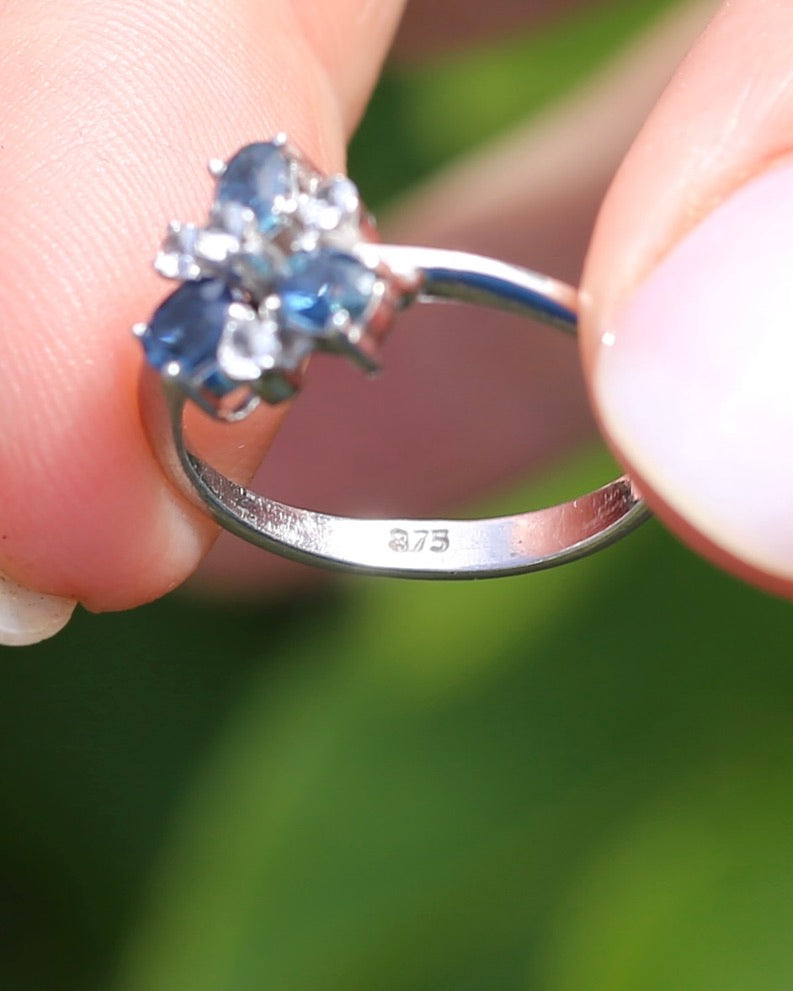 Vintage Parti Sapphire and White Quartz Cluster Ring, 9ct White Gold, size M or just over 6, 1.7g