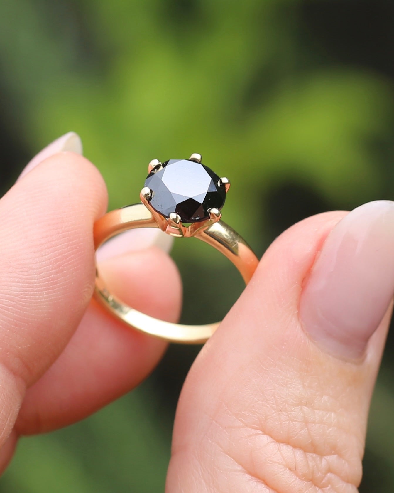 Black Moissanite Solitaire, 6 claw set 14ct Yellow Gold, size N1/2 or nearly 7, 3.63g