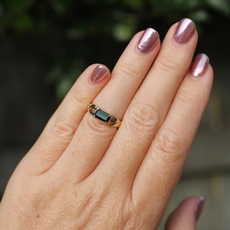 East West Set Emerald Cut Dark Green Natural Tourmaline Ring, 9ct Yellow Gold, size L or 5.75