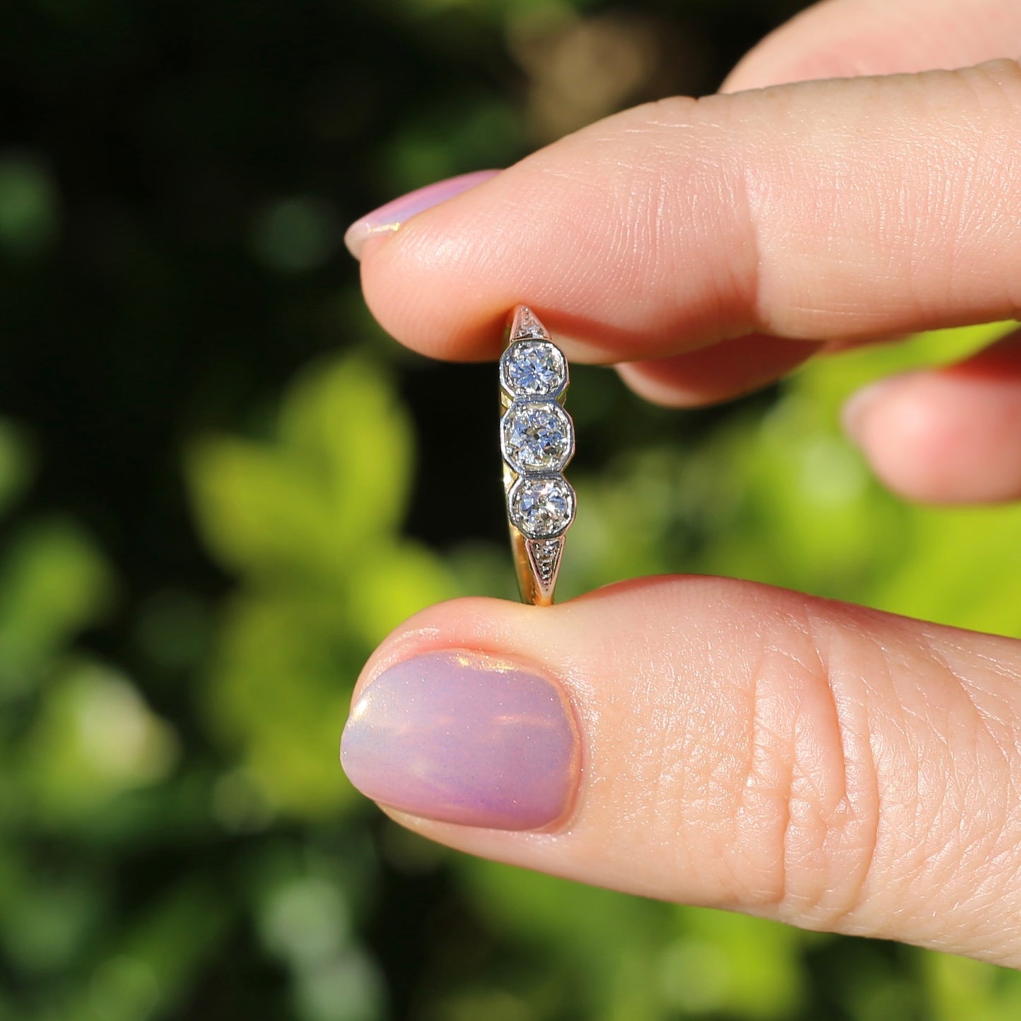 1930s Old and Transitional Cut Diamond Trilogy, 18ct Yellow and White Gold, size N or 6.75