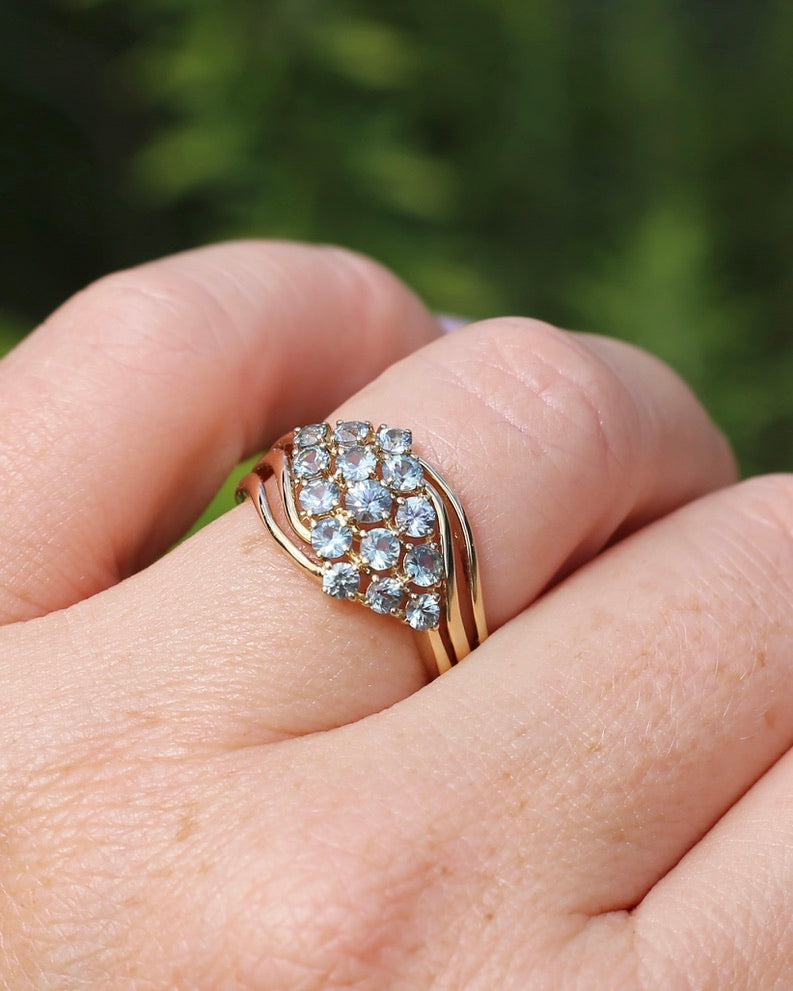 Pale Blue Parti Sapphire Bypass Cluster Ring, 9ct Yellow Gold, size P1/2 or 7.75, 2.75g