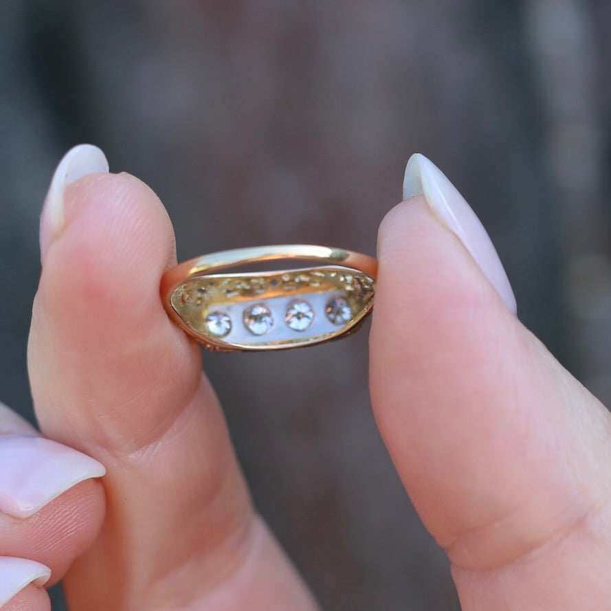 Circa 1915 4 Stone Transitional Cut Diamond Mixed Metal Ring, 18ct Yellow & White Gold, size N1/2 or 7, with valuation