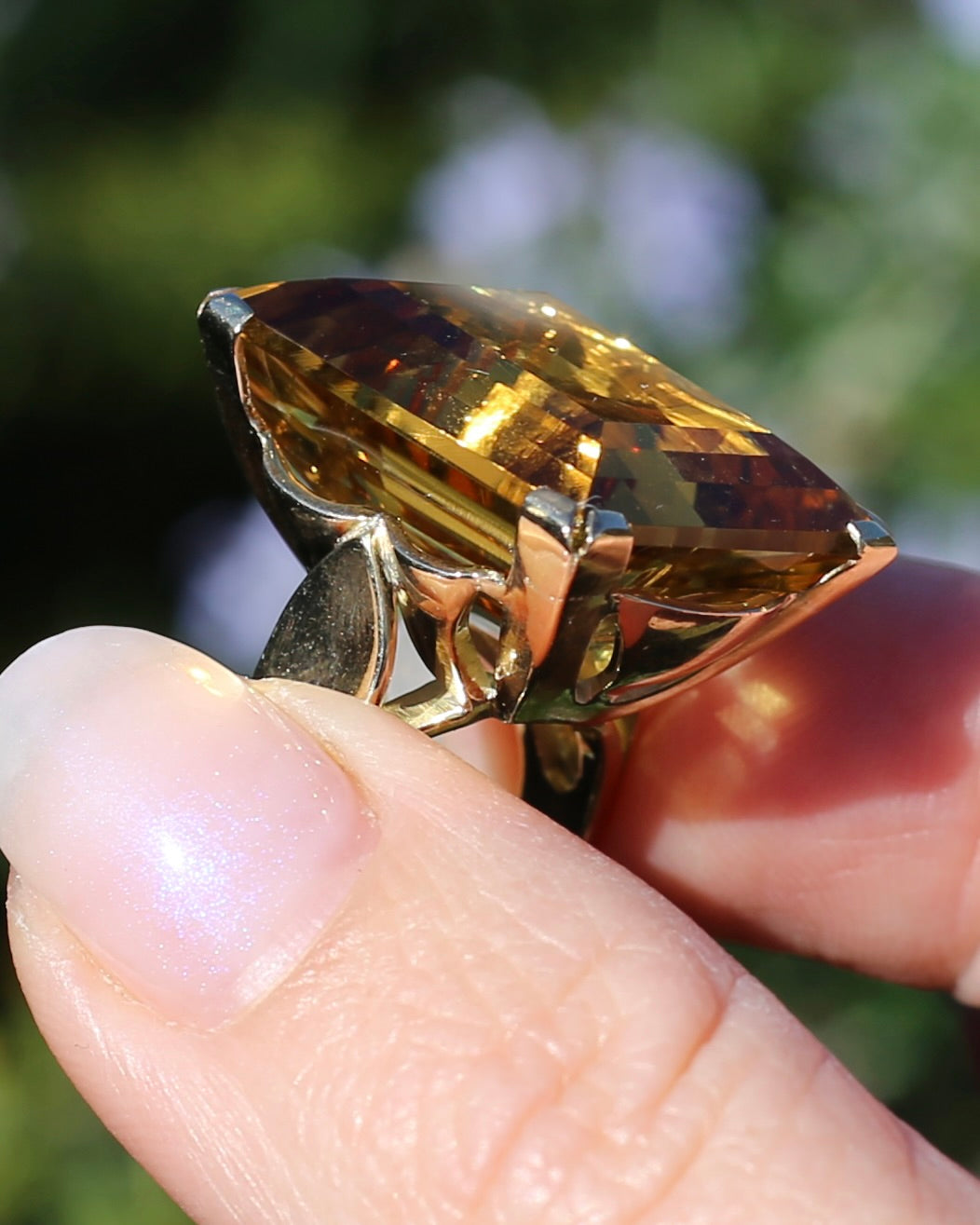 35ct Rectangular Step Cut Vivid Citrine in Chunky Vintage 9ct Yellow Gold Ring, size N1/2 or 7, 15.12g