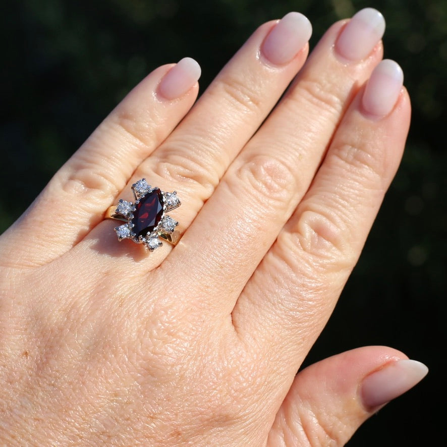 Viking feel Marquise Garnet With 6 Transitional Cut Diamonds, 18ct White and Yellow Gold, size N1/2 or 7