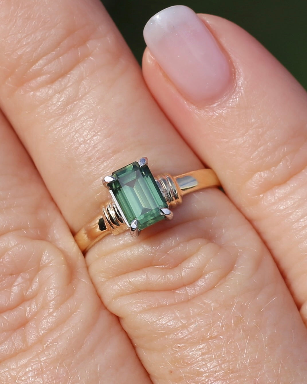1.3ct Natural Green Emerald Cut Sapphire, 9ct White and Yellow Gold, size K1/2 or 5.5, 2.0g