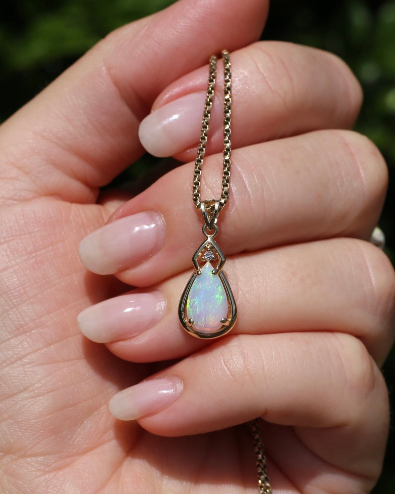 Pear Crystal Opal and Diamond Pendant, 10ct Yellow Gold, 1.5g